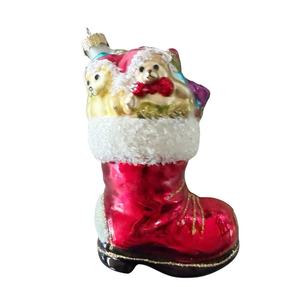 Blown Glass Santa Boot Ornament With Bears And Gifts 4”